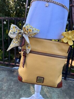 Dooney & Bourke Yellow Pebbled Leather Crossbody with Brown Trim